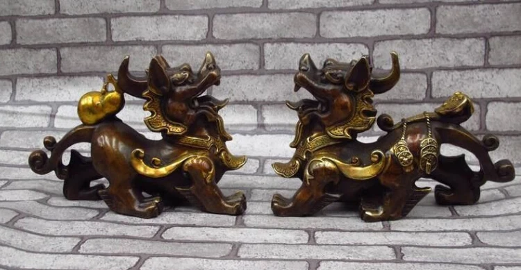

free China Feng Shui Bronze Ruyi Gourd Wealth Dragon Kylin Lucky Beast Statue Pair fast