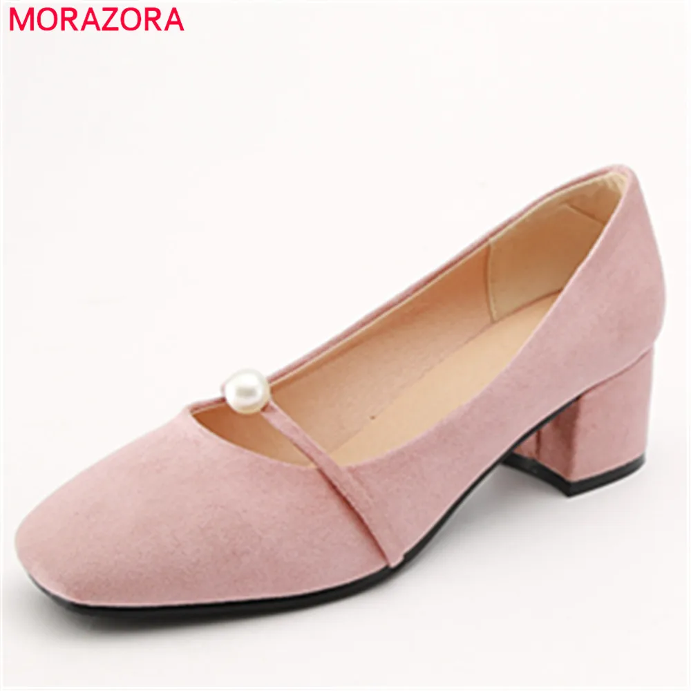 

MORAZORA spring summer new arrive square toe female shoes flock shallow slip on square heels high heel women pumps