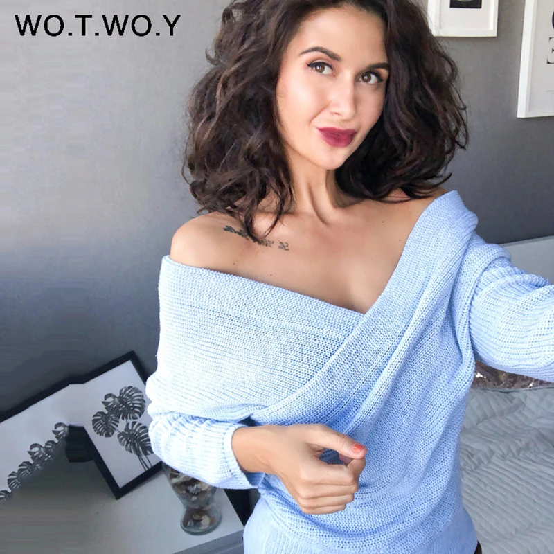 WOTWOY Sexy V Neck Cross Knitted Sweater Women Pullover Hollow Out 2018 Winter Cashmere Women Sweater Backless Streetwear Jumper