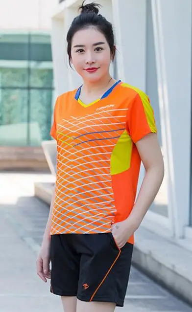 Новые теннисные футболки для женщин/мужчин, рубашка для бадминтона для мужчин, трикотажный костюмчик для бадминтона, комплект для настольного тенниса, одежда для поезда, tenis hombre - Цвет: women orange set