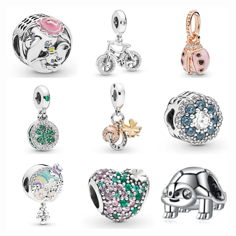 

free shipping pink gold ladybug silver Dazzling Clover bicycle flower butterfly bead fit pandora charms silver 925 original S014
