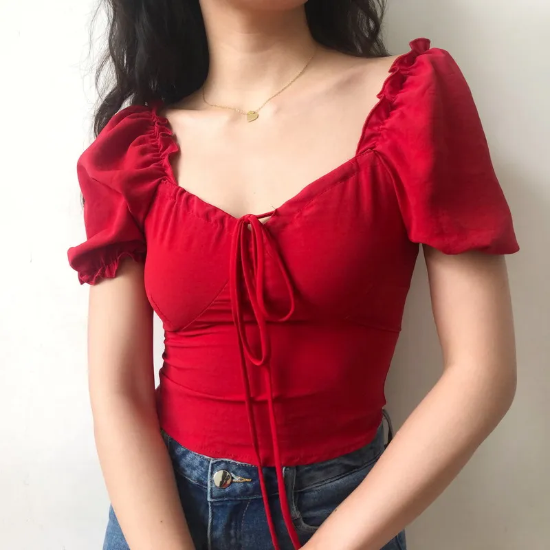 

Women Vintage Tie Front Sweetheart Neck Blouse top Spliced Puff Short Sleeve casual Blouse Sweet elegant Camisa Feminina