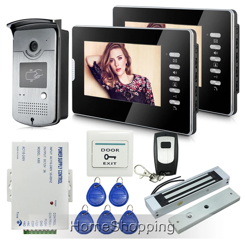 

FREE SHIPPING New 7" Color Video Door Phone Intercom System 2 Monitors + 1 RFID Access Camera Electric Magnetic Lock Whole sale