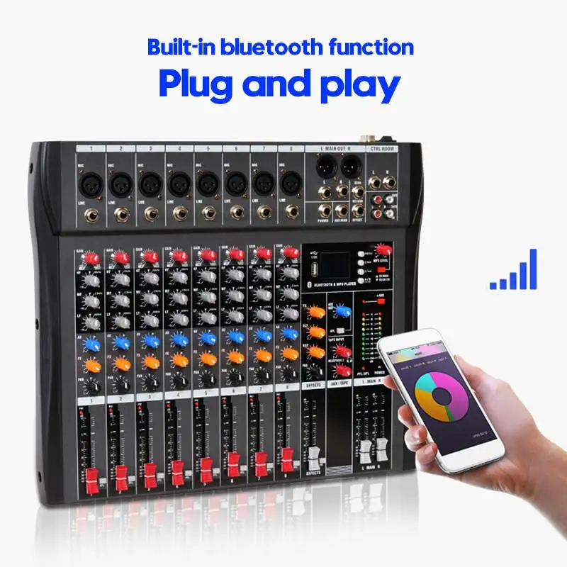 Professional 8 Channel Audio Mixer with bluetooth USB DJ Sound Mixing Console MP3 Jack Karaoke Amplifier For Karaoke KTV Party