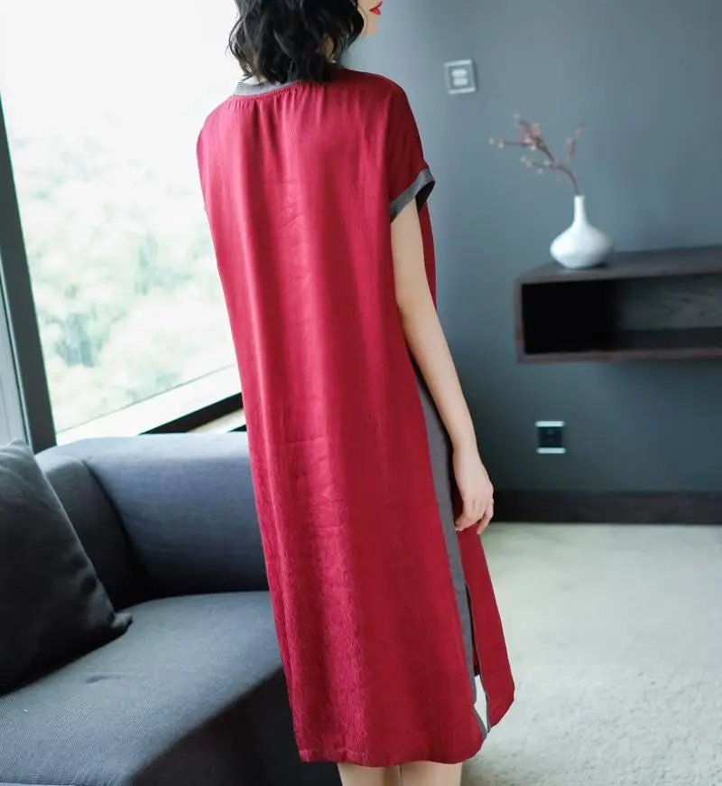 2018 Summer New Style Simple Fashion  Stripes Soft 100% Real Silk Straight Dress Female Casual Loose Short Sleeve Dress