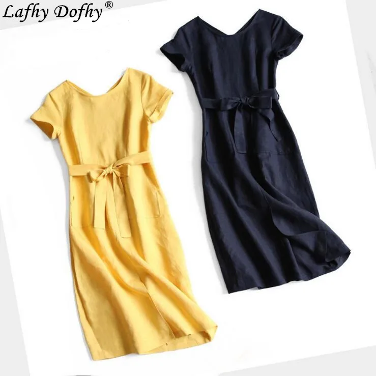 

Autumn new natural comfort Japanese solid color high-end cotton and linen patch pocket short-sleeved dress women's clothing 109