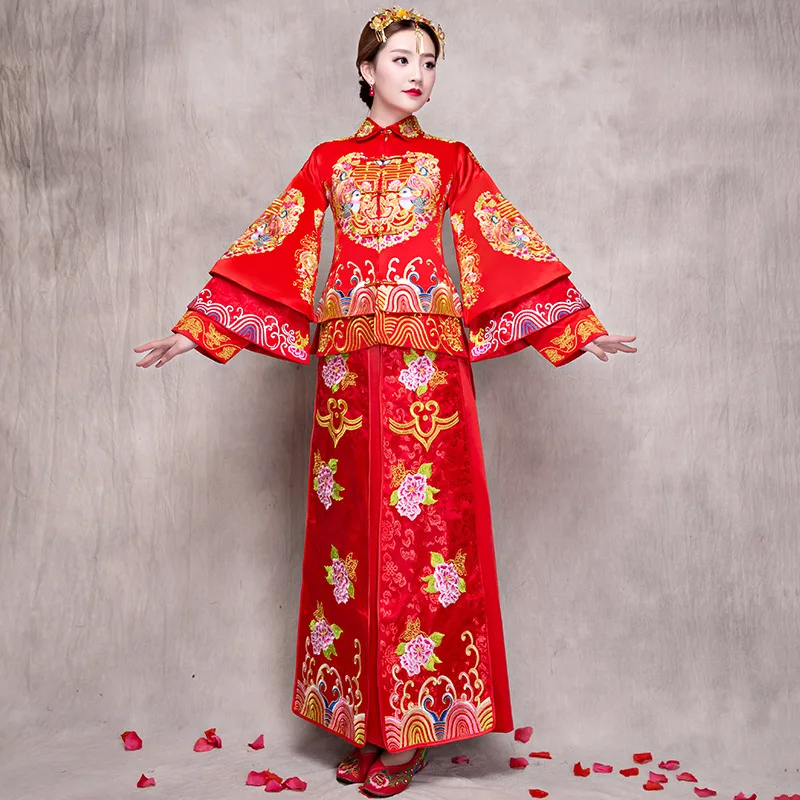 

Red Chinese Wedding Bride Cheongsam Traditional Style marry Evening Dress Embroidery Long Qipao Womens Clothing Size S - XXXL
