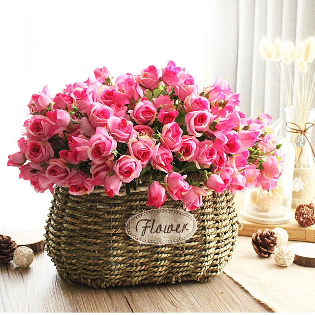 Natural Rose Plastic Flower Basket Willow basket with flowers one set