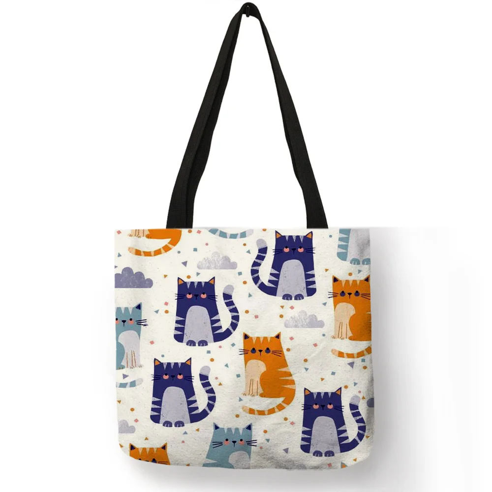 Cartoon Geometric Cats Animal Printing Shopping Bag for Women Casual Linen Tote Bags Ladies Reusable Large Capacity Hand Bags