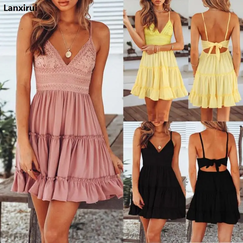 

Lanxirui Dress New High Quality Girl Fashion Summer Backless Sleeveless Mini Sundress Evening Party Beach Dress Women Ap24