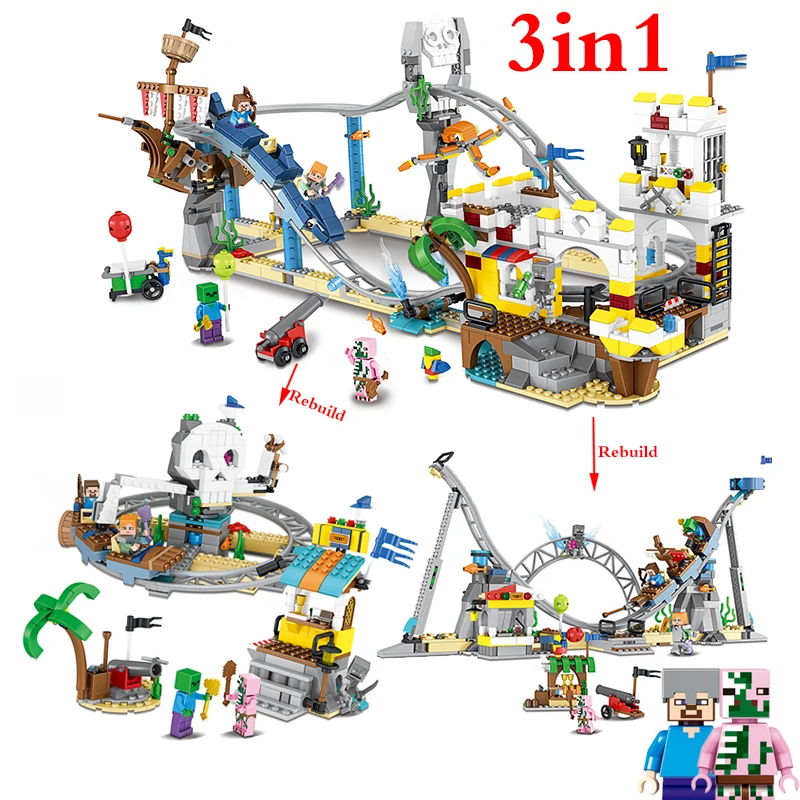 

Pirate Roller Coaster 3 in 1 City Creator Minecraft My World 956pcs legoing Building Blocks Bricks Mini Toy Figures For Children
