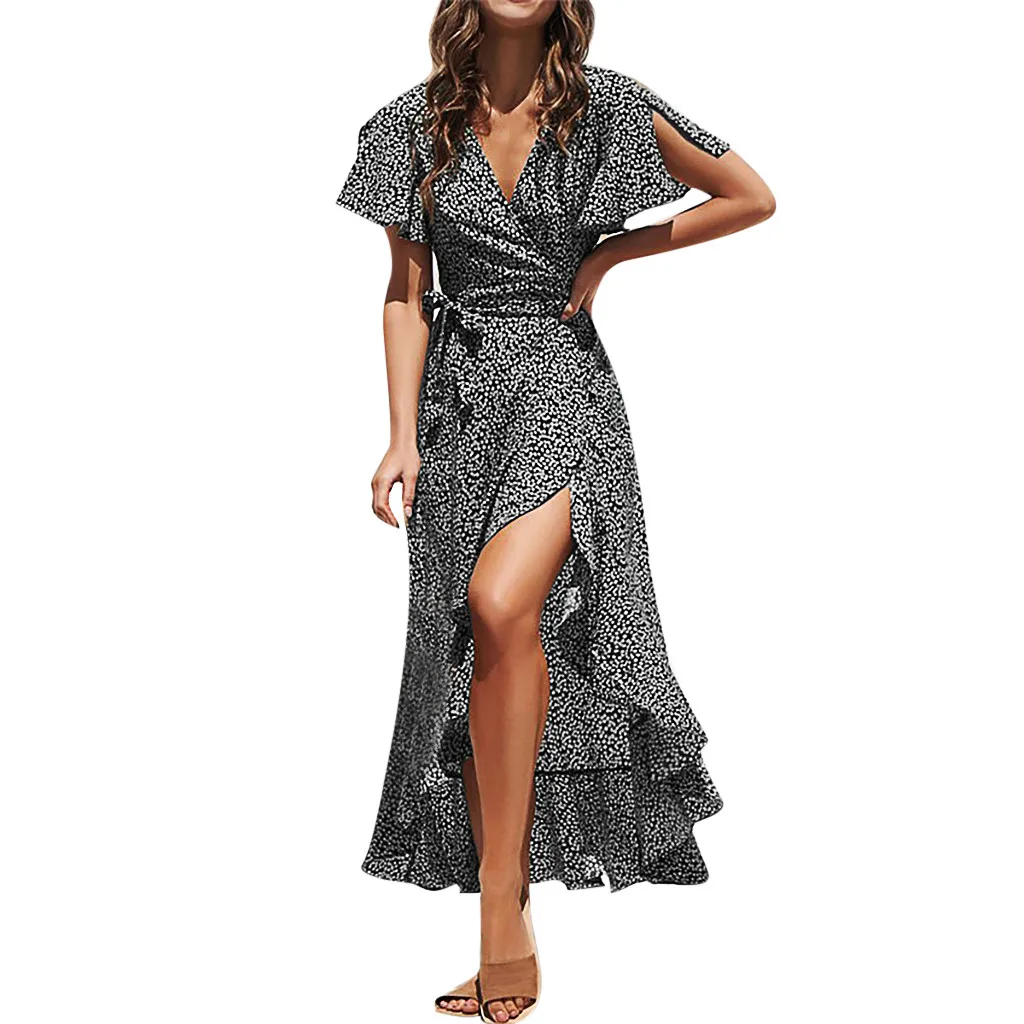Dresses Woman Party Night Bohemian Sexy Short Sleeve Split Ruffles Maxi Dress Casual Elegent V-Neck Beach Style Long Dresses #B Dresses Woman Party Night Bohemian Sexy Short Sleeve Split Ruffles Maxi Dress Casual Elegent V-Neck Beach Style Long Dresses #B