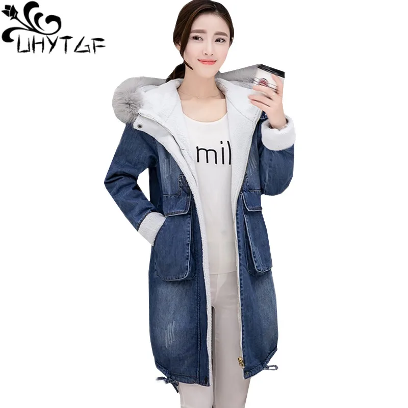 

UHYTGF M-3XL Plus velvet Thick Warm Jeans Jacket Women Winter Denim Cotton Outerwear Fur collar Hooded Loose Plus size Coat 972