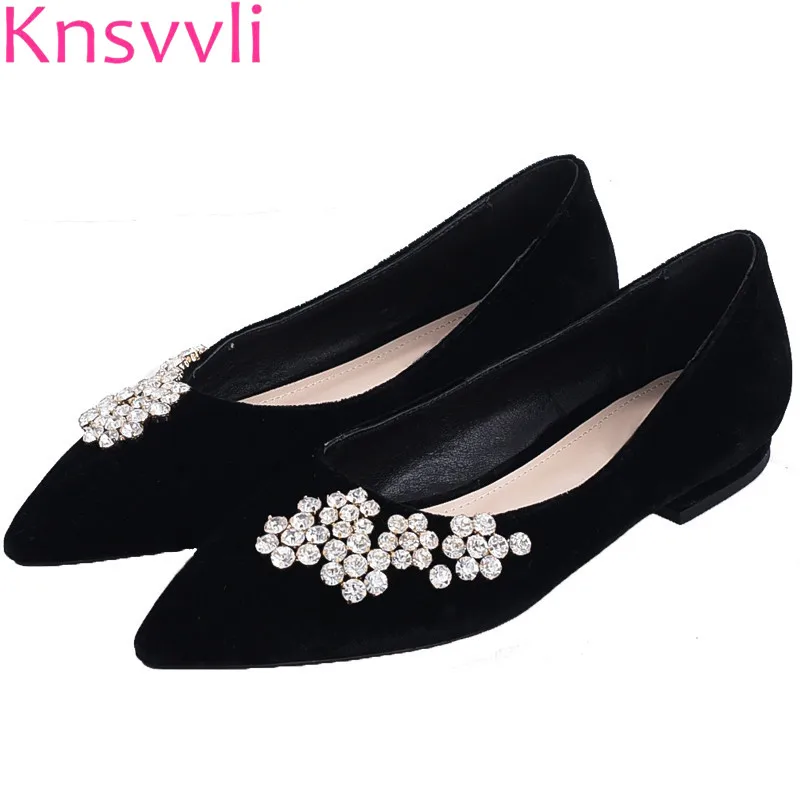 

Knsvvli Fashion Velvet Crystal Flower Flats Shoes Women Pointed Toe Black Wine red Comfortable All-match flattie tide Lady