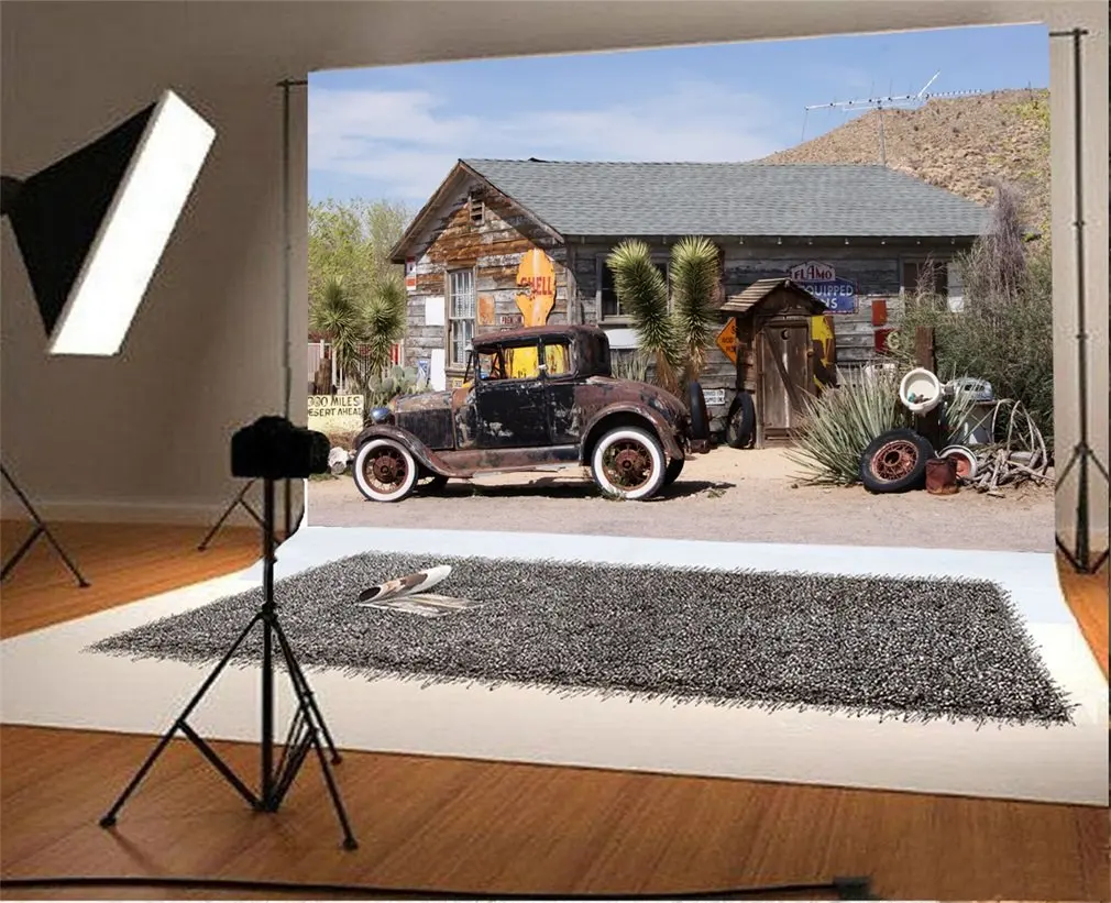 

7x5t Photography Backdrop Abandoned Restaraunt on Route 66 Road in USA Brown Old Car Wildness Nature