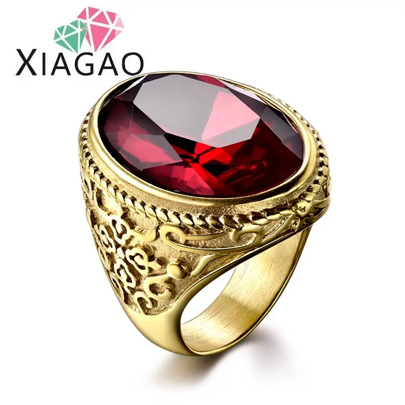XIAGAO Cool Punk Real 316L stainless steel Ruby Ring Men's big ruby