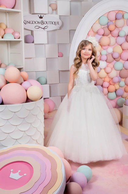 Best price at $104 Cheap Custom Make Little Girls Party Dresses Floor Length Bow Lace Appliques Sheer Crew Neckline Tulle Flower Girls' Dresses