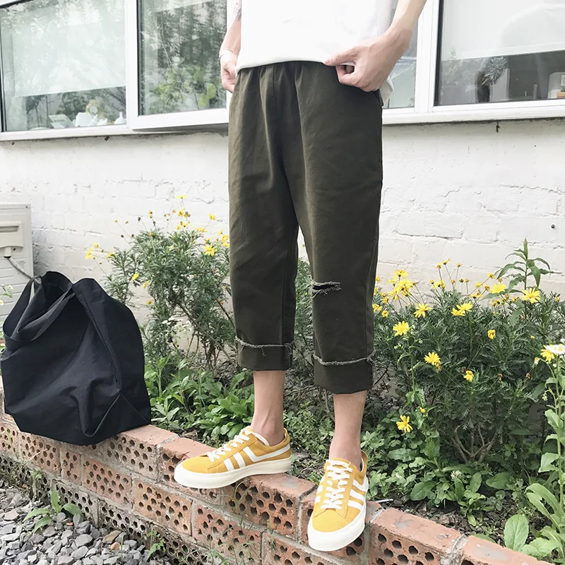 

2019 Calf-length Fashion Designed Loose Washed Broken Hole Casual Pants