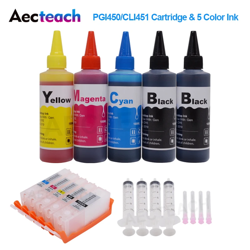 

Aecteach PGI 450 CLI 451 Refillable Ink Cartridge For Canon PIXMA IP7240 MX925 MG5550 MG6450 6850 Printer+ 500ml Refill Dye Ink