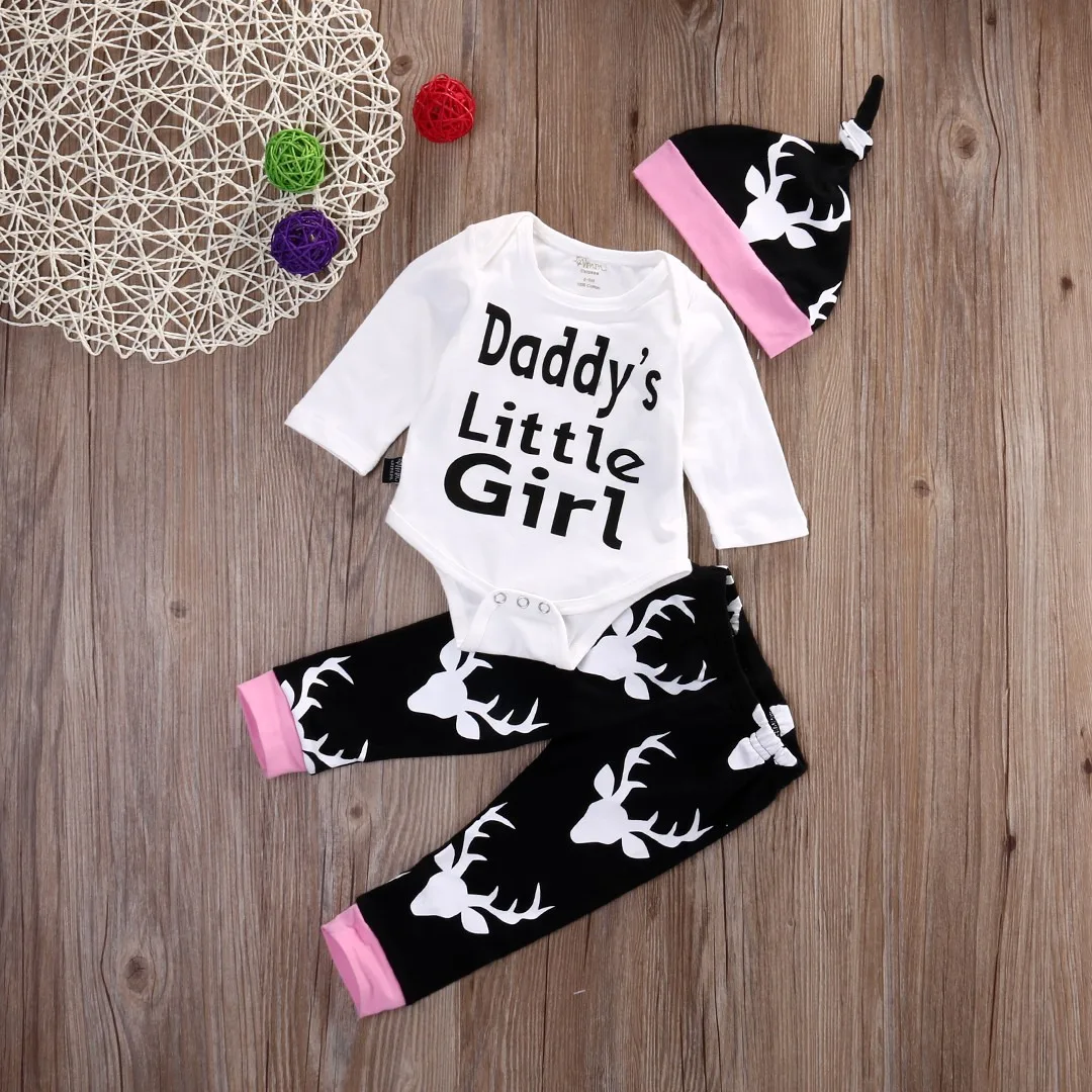 

2016 spring autumn Newborn Infant Baby Girl boy Clothes letter Daddys Little Girl Print Romper+Deer Pants +Hat 3pcs Outfits Sets