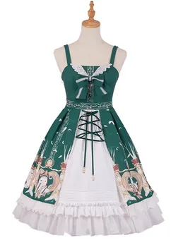 

Classic Lolita Dress Straps Green Printed Lolita Jumper Skirts With Bows and White Ruffles