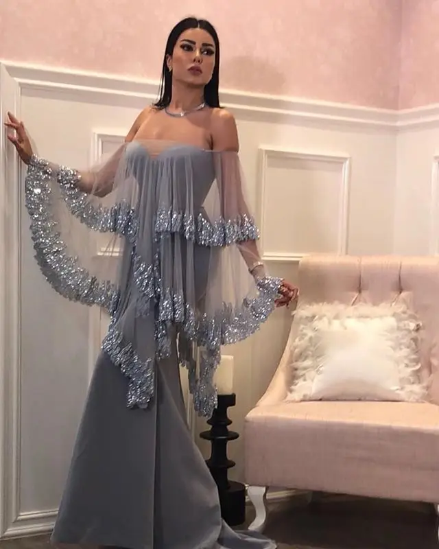 

Grey Mermaid Long Evening Dresses 2019 Arabic Style Dubai Women Formal Sweetheart Neck Beaded Wrap Satin Evening Gowns