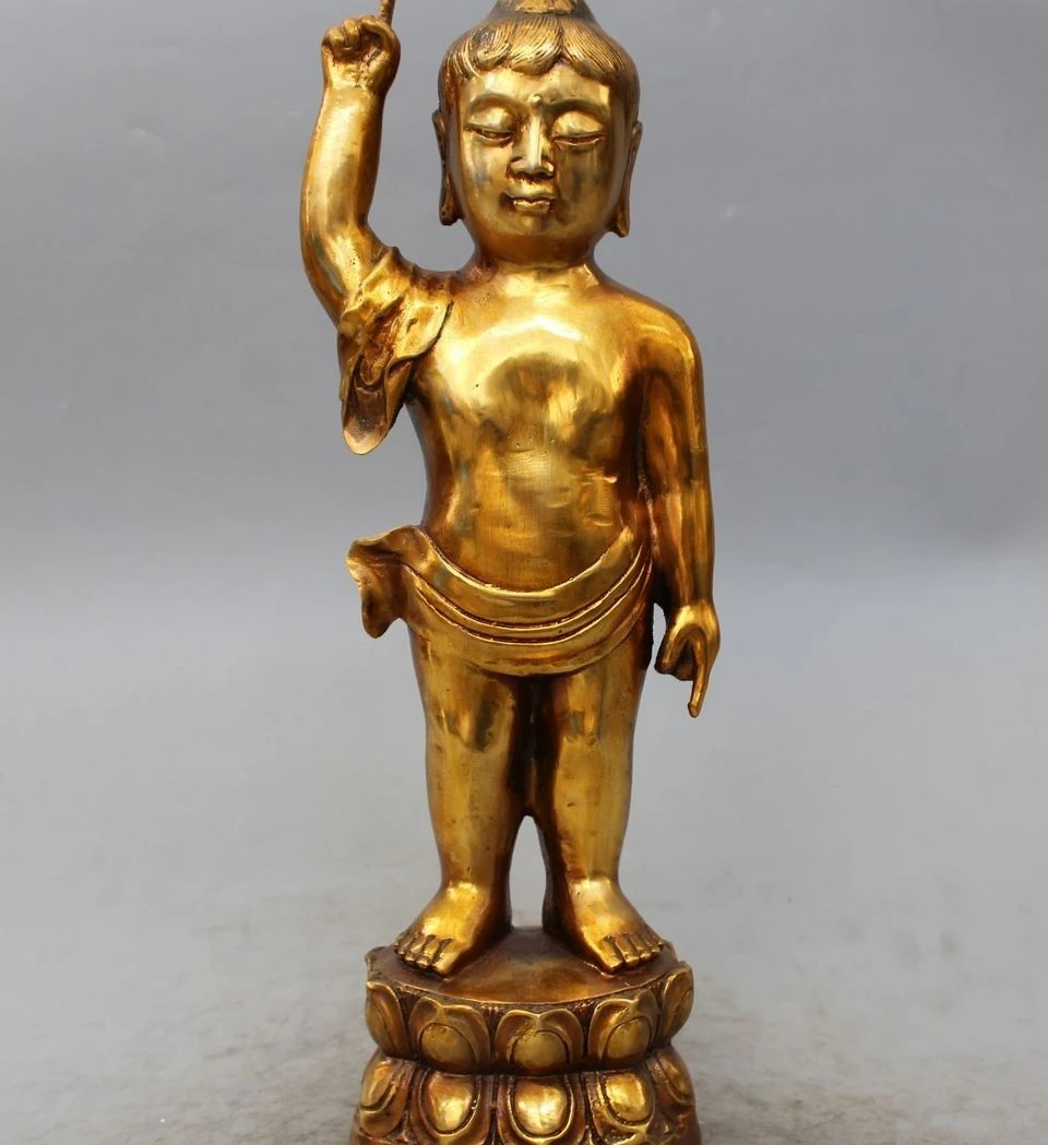 

15" Chinese Folk Bronze Gild Child Up Hand Shakyamuni Sakyamuni Buddha Statue