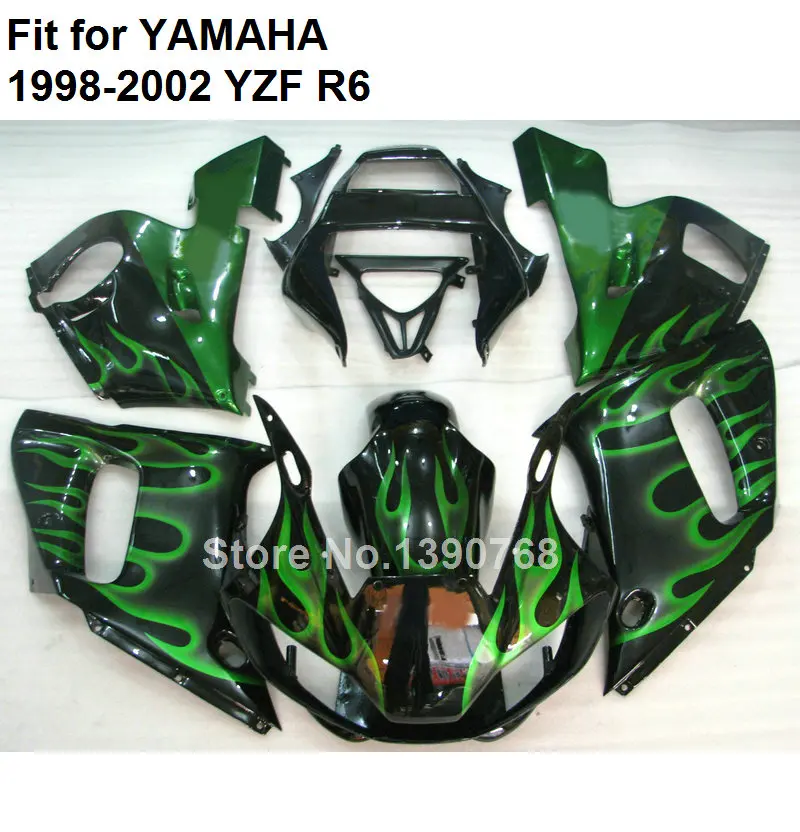 Мотоцикл обтекатель комплект для Yamaha YZF R6 98 99 00 01 02 зеленый Пламя Черный