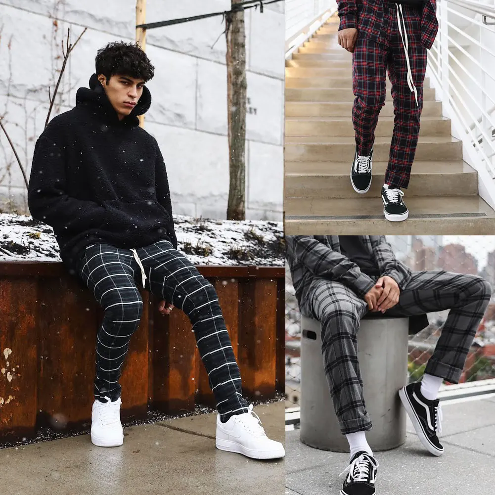 Повседневные мужские брюки для девочек хип хоп корейский Стильный плед Слаксы повседневные брюки