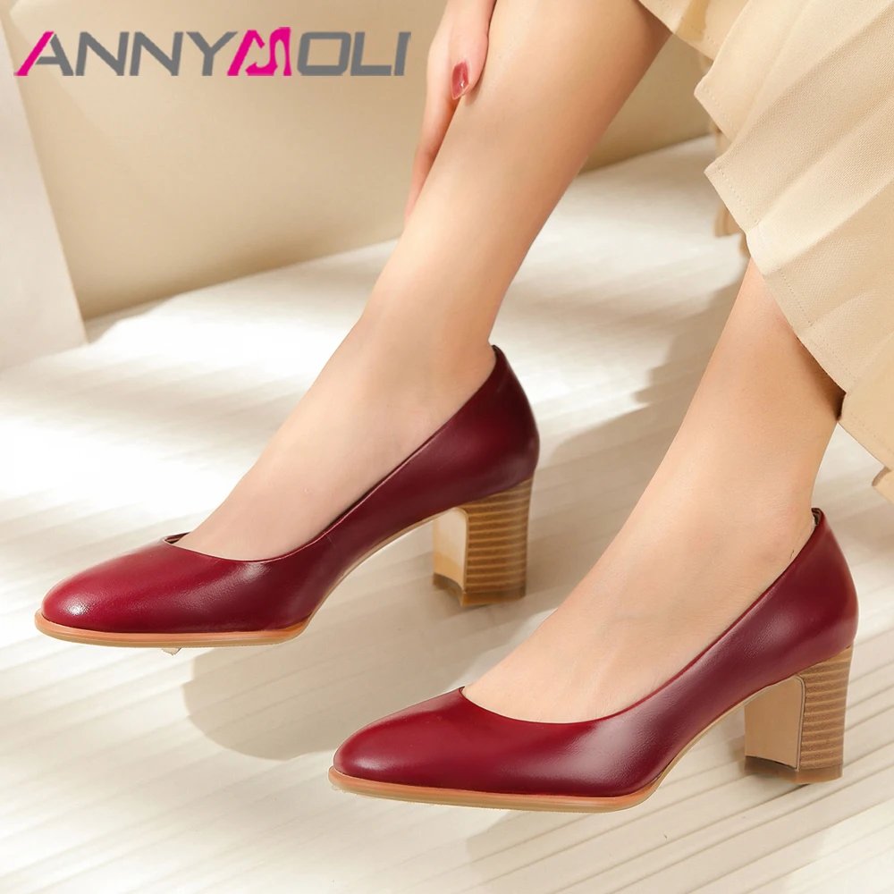 

ANNYMOLI High Heels Women Pumps Natural Genuine Leather Square High Heel Shoes Cow Leather Round Toe Shoes Female Red Size 34-39