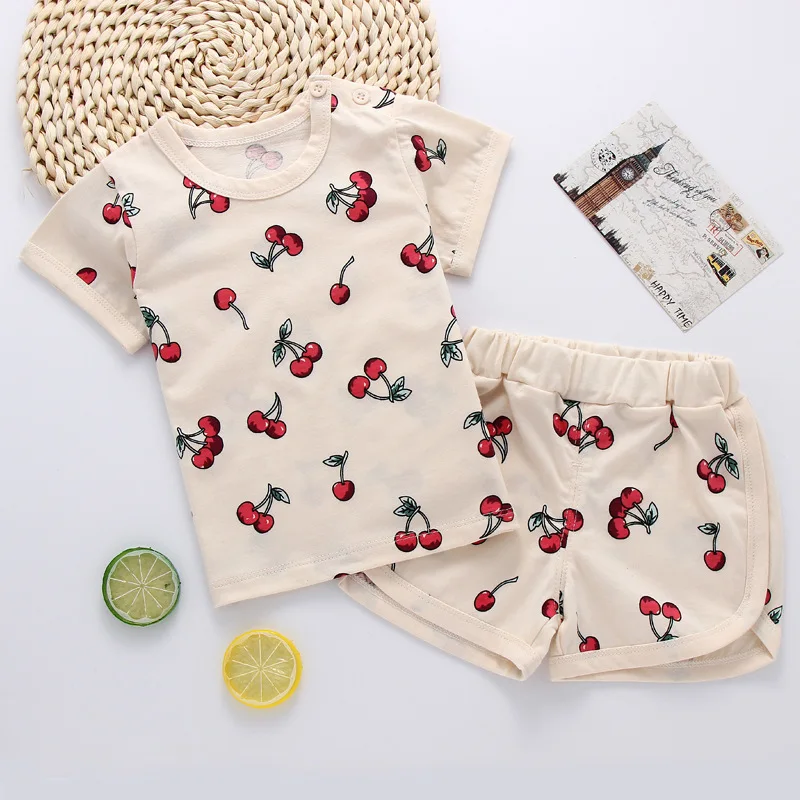 

2019 Toddler Girls Summer Clothing Set Soft Cotton Costume T Shirt + Short Pants Lovely Cartoon Cherry Pineapple Casual Outfit