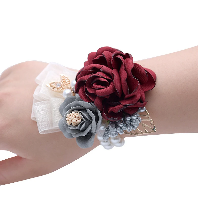 

Silk Rose Flower Groom Boutonniere Bride Wrist Corsage Man Suit Brooch Women Hand Wedding Flowers Party Decoration