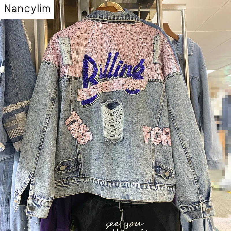 

Autumn 2019 New Korean Style Hole Sequins Loose Make Old Jeans Jackets Women Denim Jacket Coat Female Harajuku Style Coats