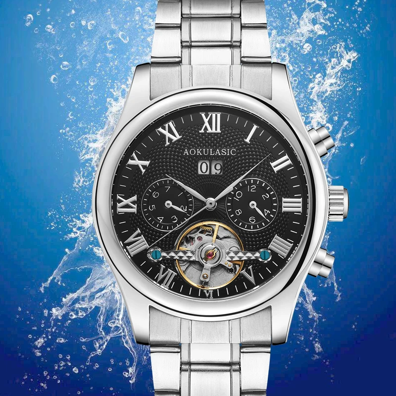 

AOKULASIC Mens New Fashion Luxury Brand Full Steel Tourbillon Automatic Watch Men Waterproof Sport Wrist Watch Gift black AK8