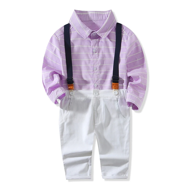 

baby boy clothes suit for children formal costume purple striped shirt + white pants with straps infant kids clothing 1-5 years