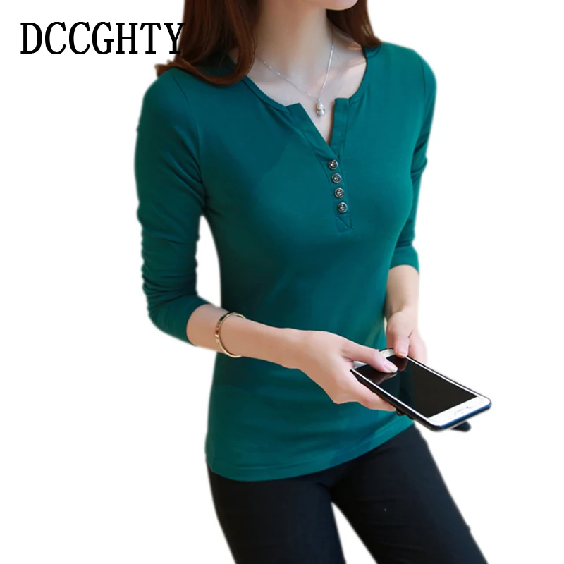 

DCCGHTY Long Sleeve Autumn Women V Neck Tshirt 2018 Slim Basic Solid Korean Tops Women Tees Shirt Femme Plus Size 4XL