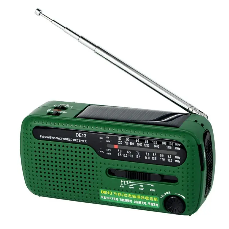 

Portable FM Radio DE13 FM MW SW Crank Dynamo Hand-cranked Solar Emergency Radio World Receiver with Flashlight