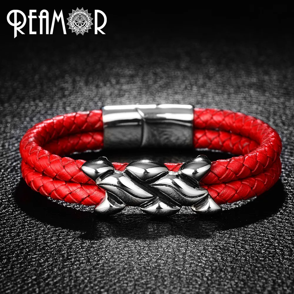 

REAMOR 316L Stainless Steel Irregular Beads Woman Cuff Bracelets Trendy Red Double Layers Leather Bracelet Bangles Men Jewelry
