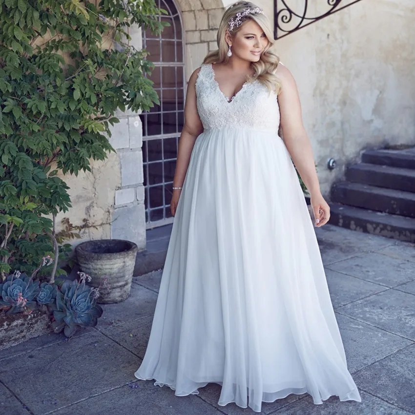 US $69.48 Classic VNeck Sleeveless Plus Size Wedding Dress Elegant Appliqued Robe De Mariage 2020 Vestidos De Novia Chiffon Bridal Gown