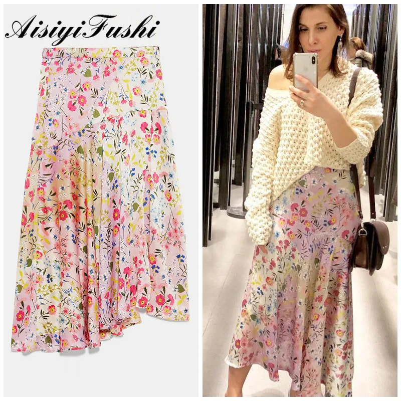 

AISIYIFUSHI Spring Summer Fashion Women's Skirts Flower Print Pattern Skirt High Waist Irregular Pleated Quality Midi Skirts