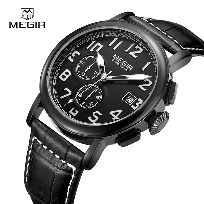 

MEGIR Men's Quartz Watches Men Chronograph Leather Strap Wristwatches Fashion Luminous Waterproof Clock 2031
