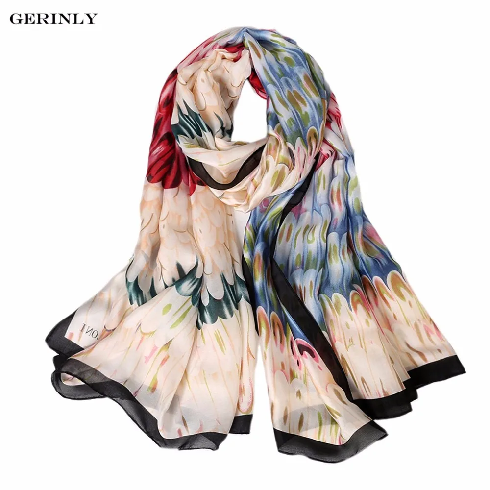 

GERINLY Brand Silk Scarf Women Luxury Printed Scarves Fashion Designer Soft Shawls Pashmina Foulard Femme Long Size Bandana