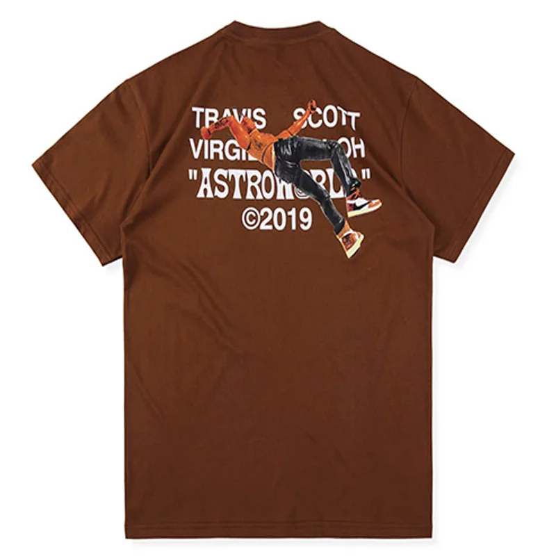 Travis Scott Astroworld T-Shirt Fabric Dark Brown Short Sleeve T-ShirtTravis Scott ASTROWORLD RUN Street Graffiti Print T-Shirt - Цвет: 1