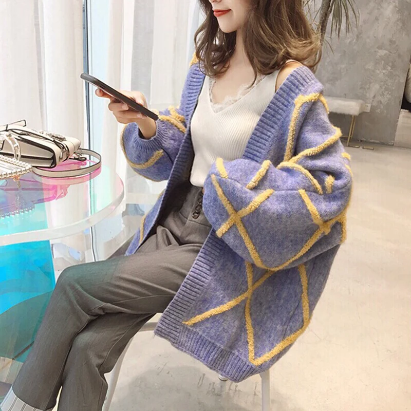 Épaississent Épaissir Tops 2018 Dame Blue Cardigans Outwear Femmes Argyle pink Manteau Nouveau Chaud Hiver Tricoté Lâche Chandails Et 2bWeHY9IED