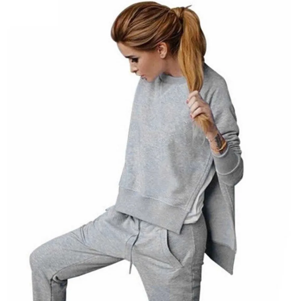 

Solid Drawstring 2 Two Piece Top and Pants Long Sleeve Tracksuit Women 2018 Sweatshirt Split Female Sweat Suit Solid Black Gray