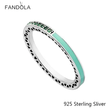 

925 Sterling Silver Ring Radiant Hearts, Bright Mint Enamel & Royal Green Crystals European Style Jewelry CKK