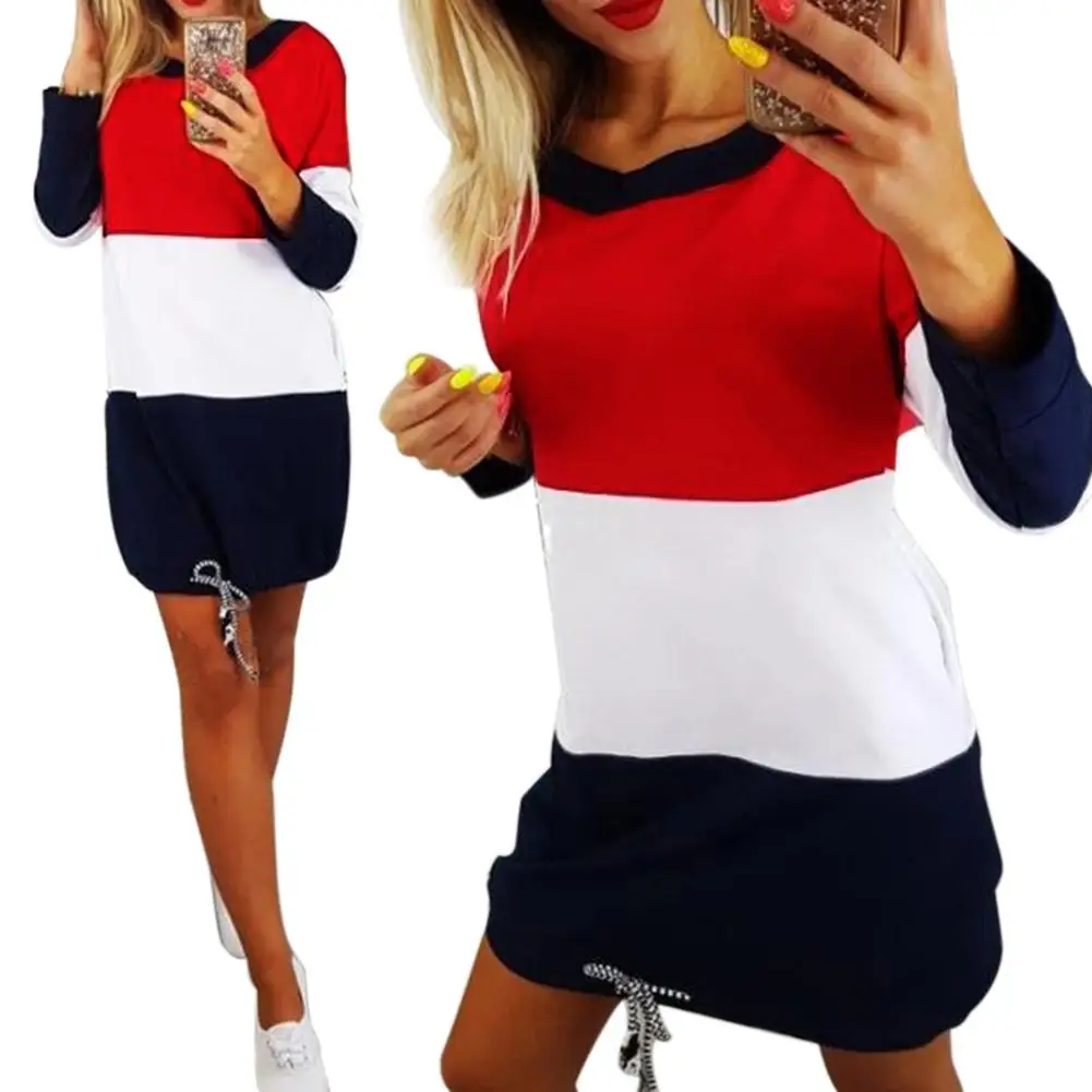 

Tri-Color Piecing Round Neck Tie Backless Long Sleeve Dress Thin Sweatshirt With Side Pocket