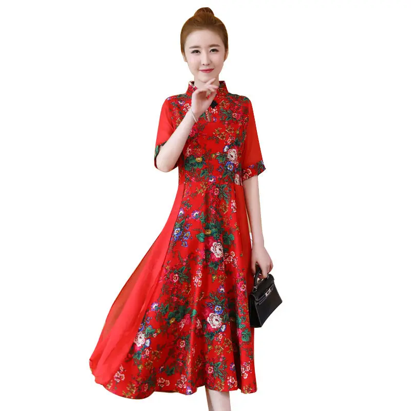 

Stand Collar Retro Summer Dress Women 2019 Plus Size Linen And Cotton Dresses Femme New Short Sleeve Print Dress Midi Robes f312