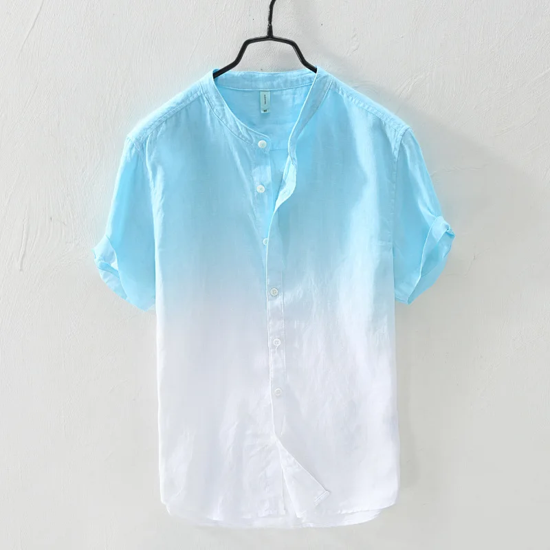 Prix CO 2018 hommes de double couleur gradient de pur lin à manches courtes col de chemise et confortable respirant chemises en été