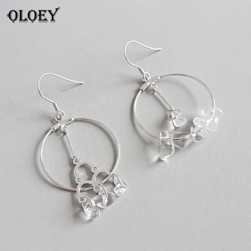 

OLOEY 100% Real Sterling Silver Round Circle Drop Earrings for Women Natural Crystal Irregular Long Earring Fine Jewelry YME410